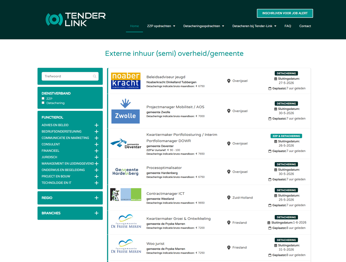 Screenshot van het Tender-Link opdrachtplatform
